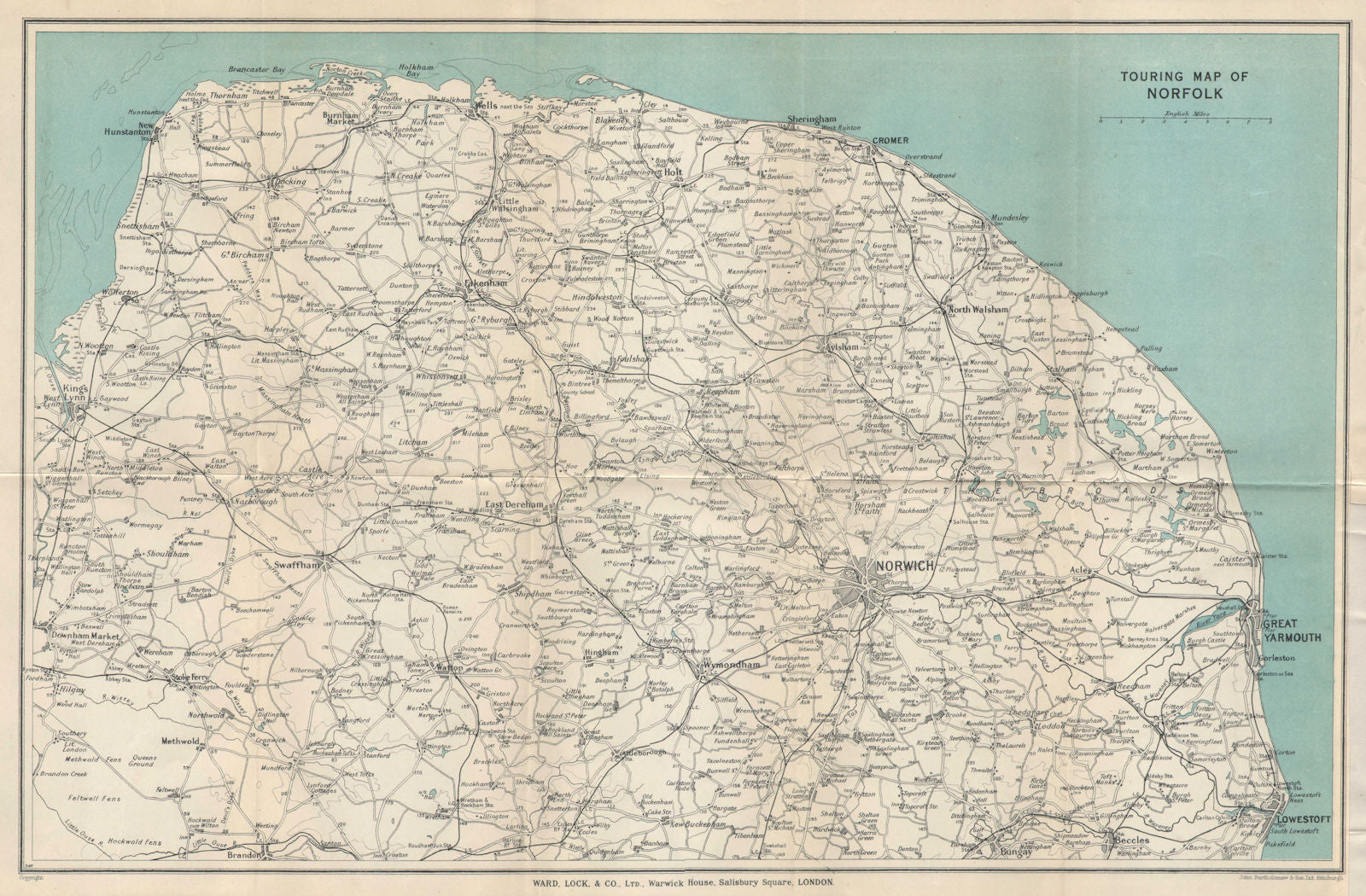 NORFOLK VINTAGE TOURING MAP. Broads. Yarmouth Norwich Cromer. WARD LOCK 1937
